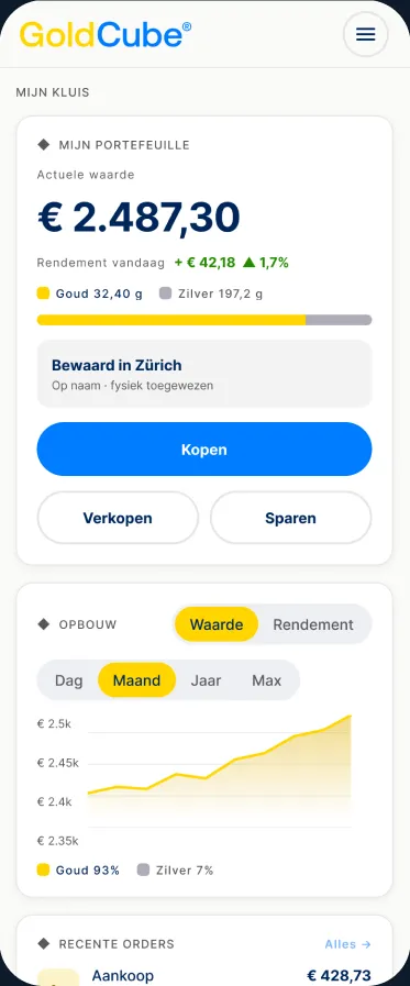 Mobiel kluisscherm met de actuele waarde van de portefeuille, rendement en koop-, verkoop- en spaarknoppen.