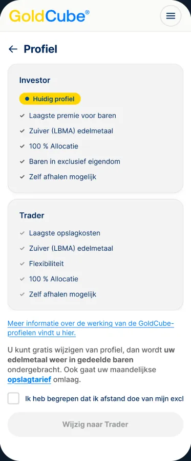Mobiel profielscherm met de keuze tussen een Investor- en Trader-profiel en hun voorwaarden.