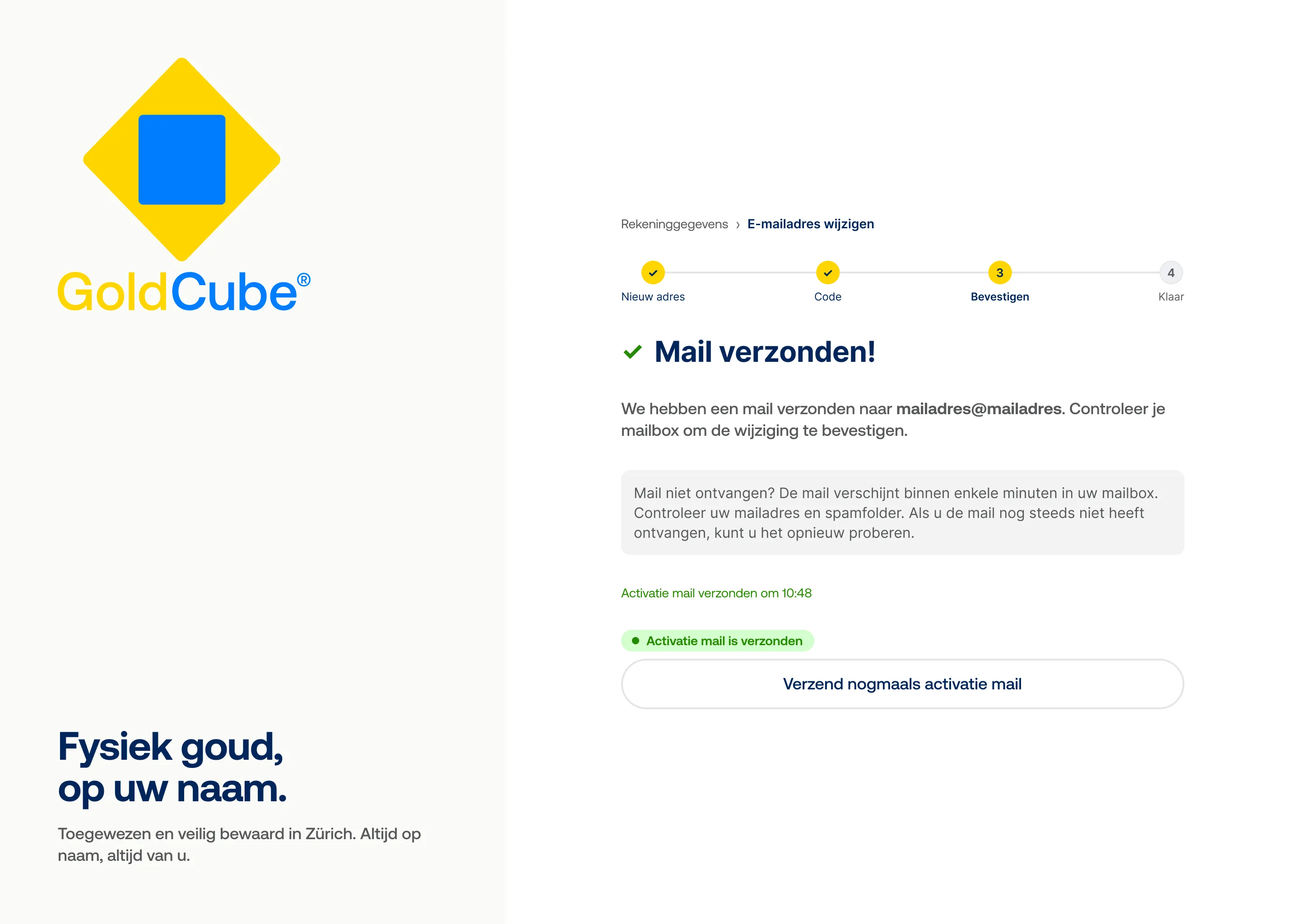 Onboardingscherm dat live feedback geeft: voortgangsstappen met een bevestiging dat de activatiemail is verzonden.