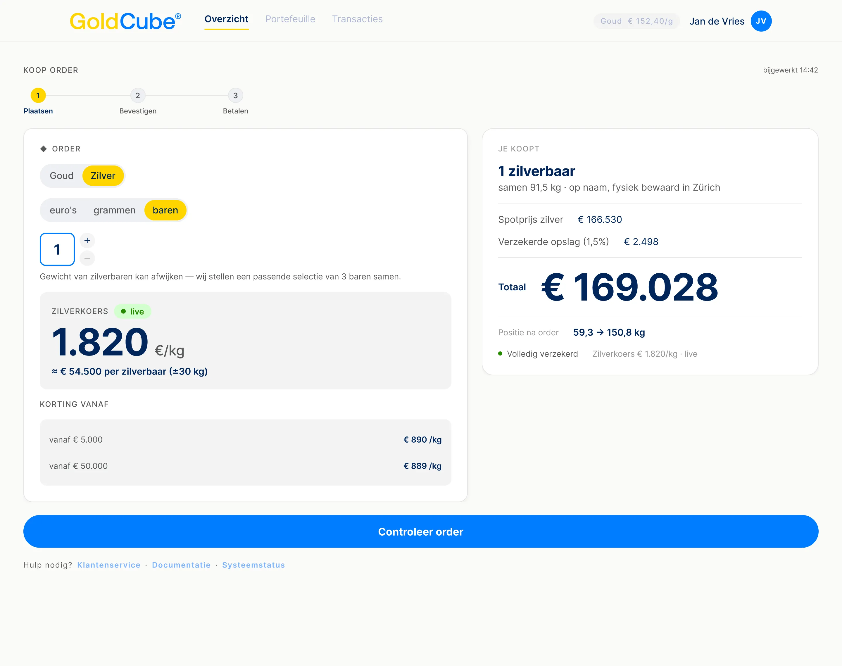Orderscherm na eerste selectie: rechts vult de samenvatting zich en de actieknop wordt actief.