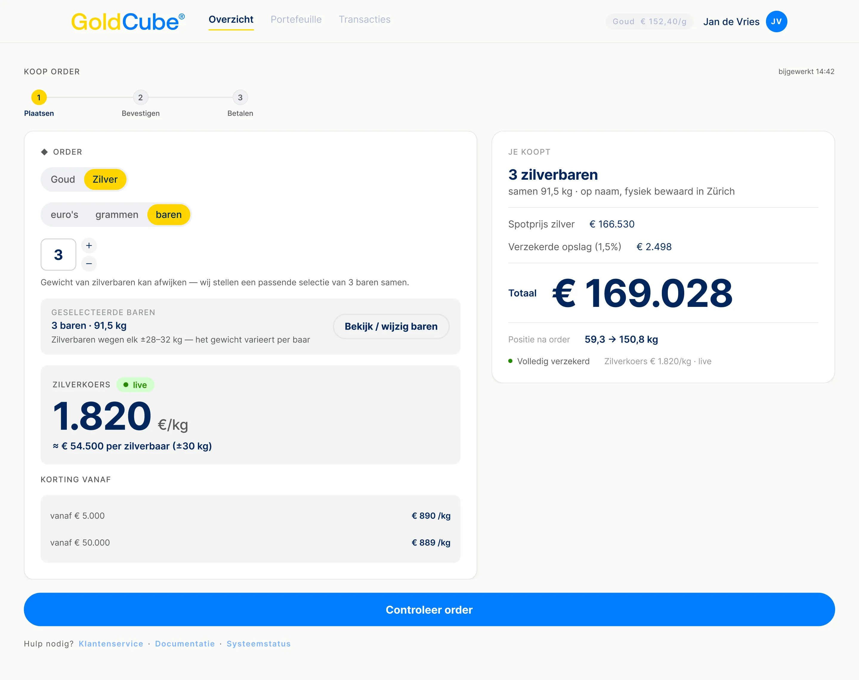 Volledig ingevuld orderscherm met de optie om baren te wijzigen zichtbaar in de samenvatting.